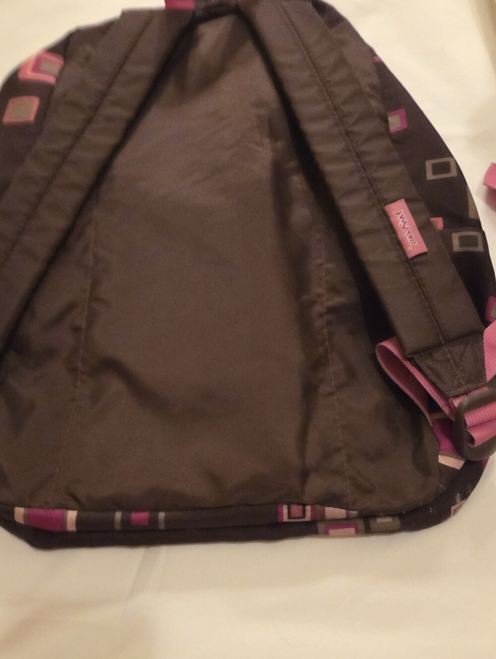 Jansport Black Backpack with Pink and Cream Geometric Squares - Picture 3 of 16